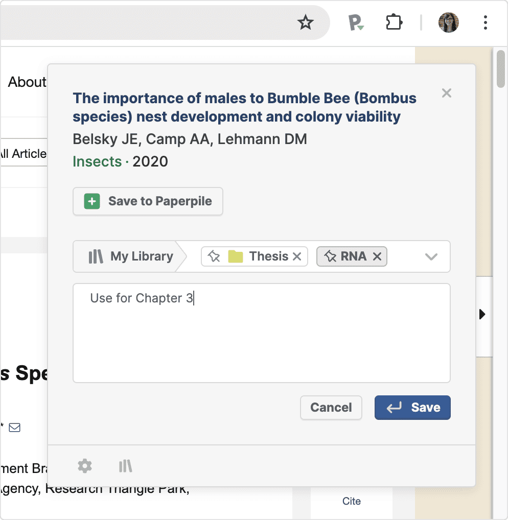 The Paperpile extension popup with the Thesis folder and RNA label added to the destination selector and “Use for Chapter 3” typed in the note field, above Cancel and Save buttons.